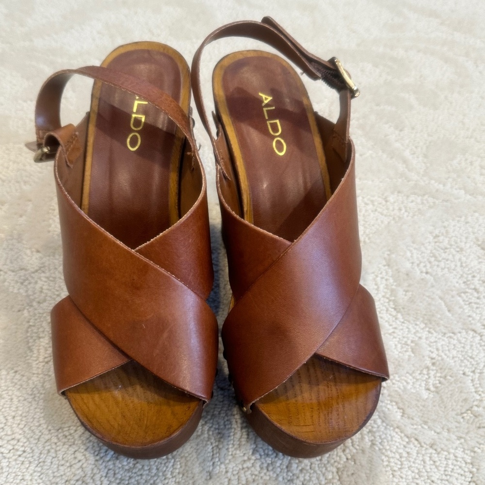 Aldo Brown Leather (Size 6.5) Wedge Platform Sandals with Wood Heels.